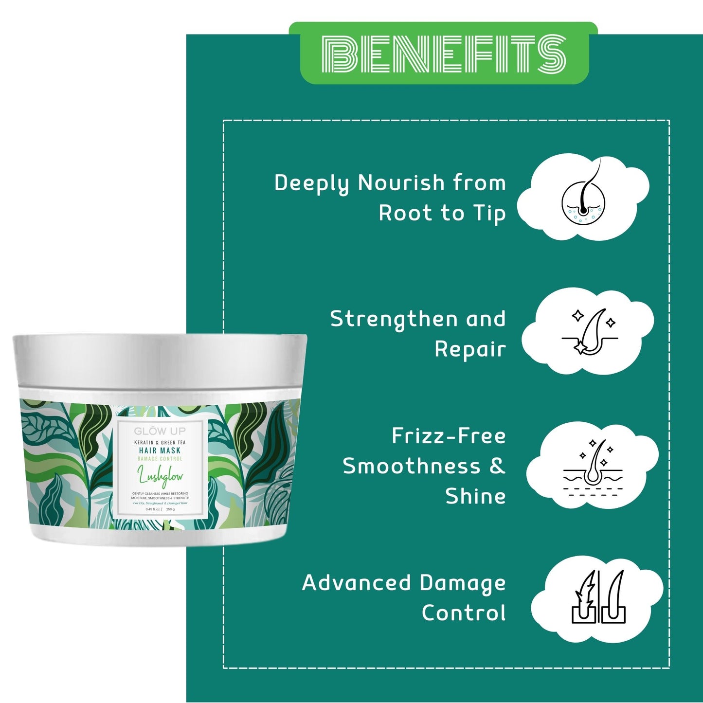 LUSHGLOW KERATIN & GREEN TEA HAIR MASK - 250 G